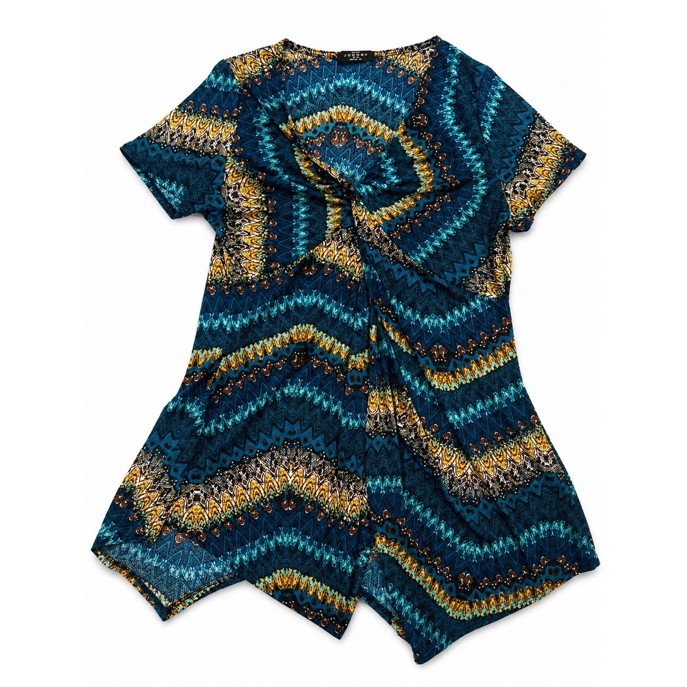 Made By Johnny Womens XXXL Teal Chevron Tribal Twist Front Tunic Top Y2K USA
